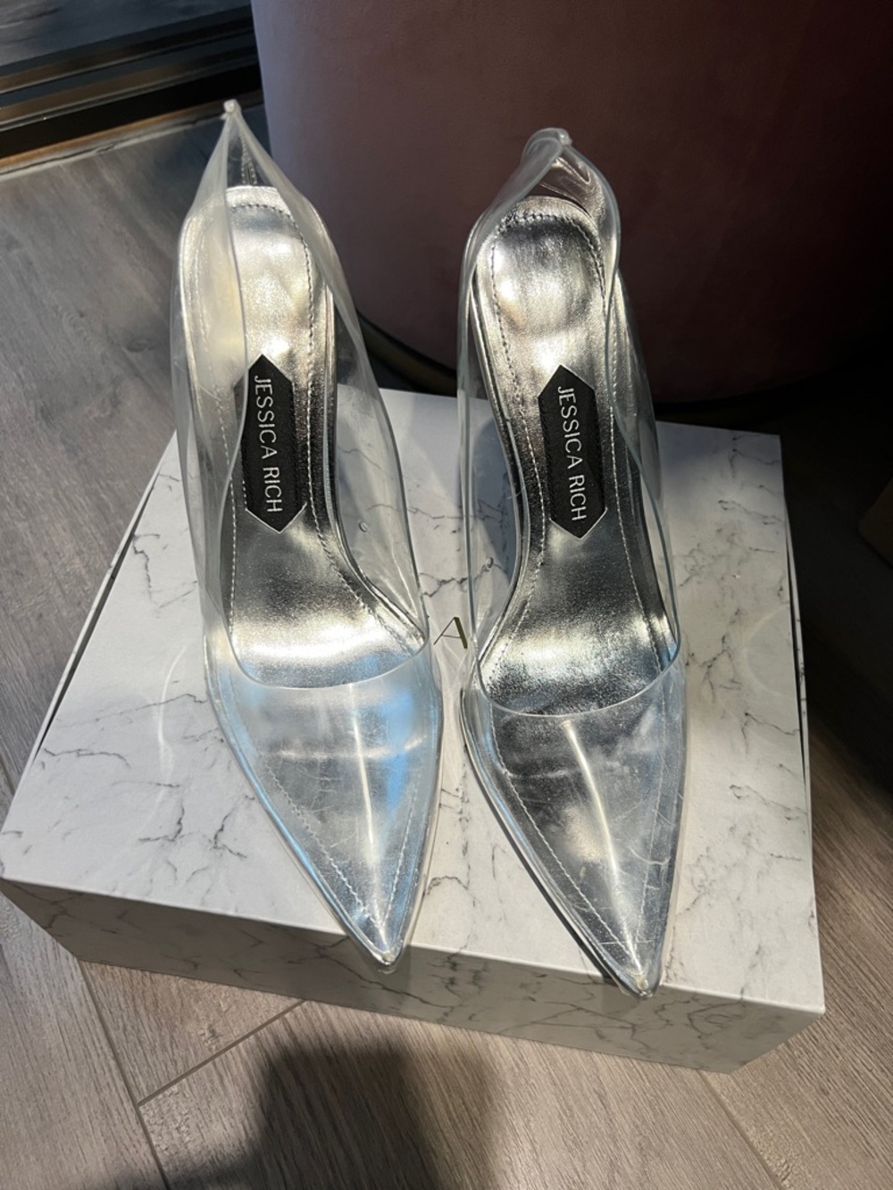 Jessica Rich Clear Pointed Stiletto Pumps with Silver Leather Insole